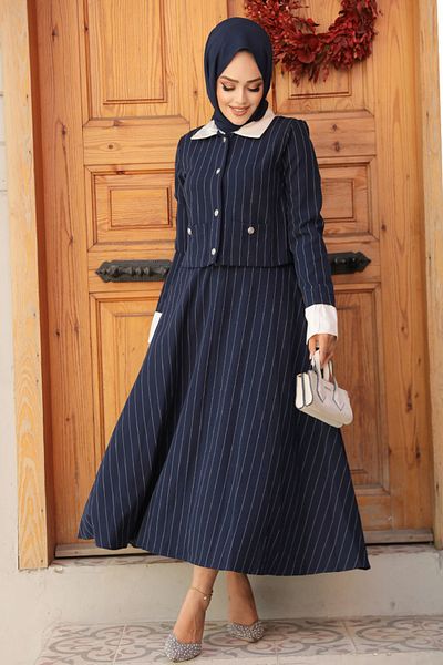 Neva Style Navy Blue Hijab Skirted Jacket Double Suit - 14220L