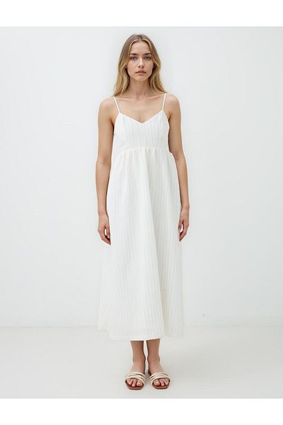 Jimmy Key Ecru Open Collar Strap Midi Woven Dress