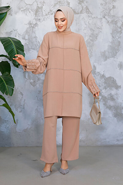 Neva Style Μαργαριτάρι Κεντημένο Camel Hijab Διπλό Σετ 65883C