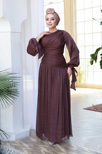 N.S NEVA STYLE Βραδινό φόρεμα Hijab Καφέ με λεπτομέρεια κουρτίνας 53631KH