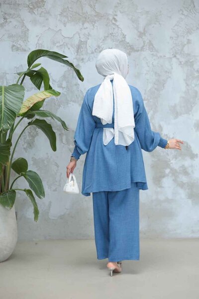 Neva Style Indigo Blue Belted Hijab Double Suit 44691Im