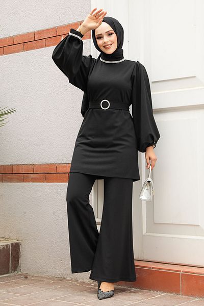Neva Style Μαύρο Hijab Διπλό Σετ με Ζώνη Πόρπης 20034s