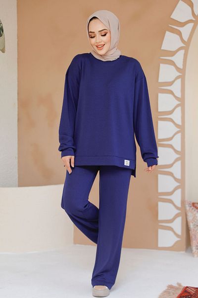 Neva Style Navy Blue Hijab Double Set 30187L