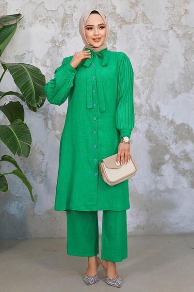 Neva Style Πλισέ μανίκια Πράσινο Hijab Διπλό Σετ 51991Y