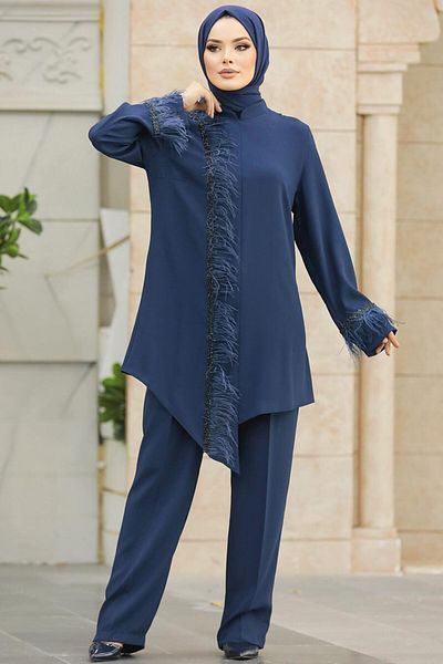 Neva Style Feather Detailed Navy Blue Hijab Double Set 40025L