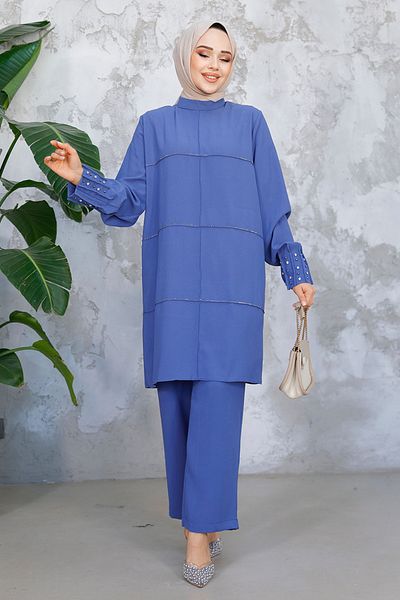 Neva Style Pearl Embroidered Indigo Blue Hijab Double Suit 65883Im