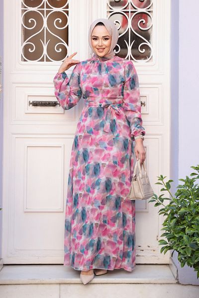 Neva Style Φούξια Φόρεμα Hijab με Floral σχέδιο 27994F