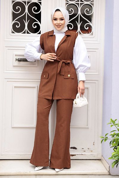 N.S NEVA STYLE Ριγέ Μαύρο Γιλέκο Hijab Διπλό Σετ 12551TB