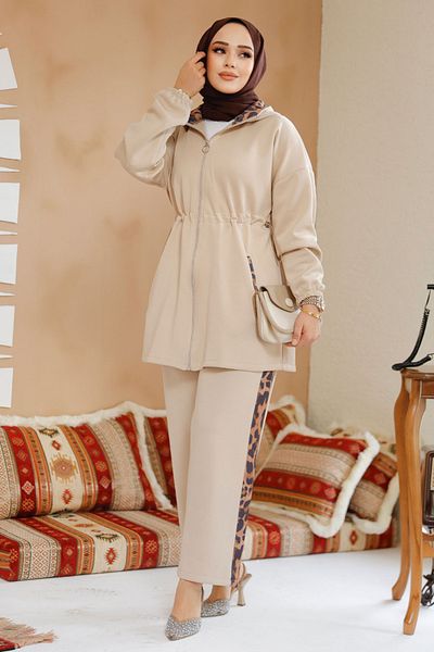 Neva Style Beige Scuba Hijab Double Set - Zippered 12741Beige