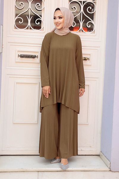 Neva Style Pleated Dark Biscuit Hijab Double Set 50054Bs