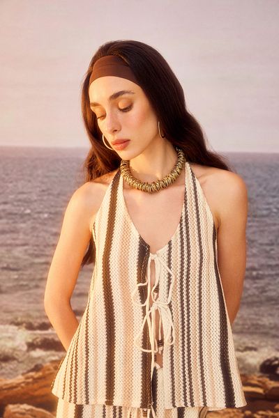 Quzu Colorful Braided Bead Accessory Blouse Brown