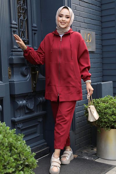 Neva Style Claret Red Hijab Διπλό Σετ με φερμουάρ - 10400BR