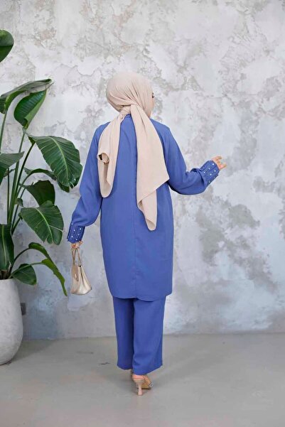 Neva Style Pearl Embroidered Indigo Blue Hijab Double Suit 65883Im