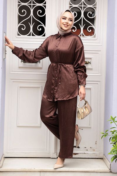 N.S NEVA STYLE Καφέ Hijab Διπλό Σετ με Κουμπί 4016KH