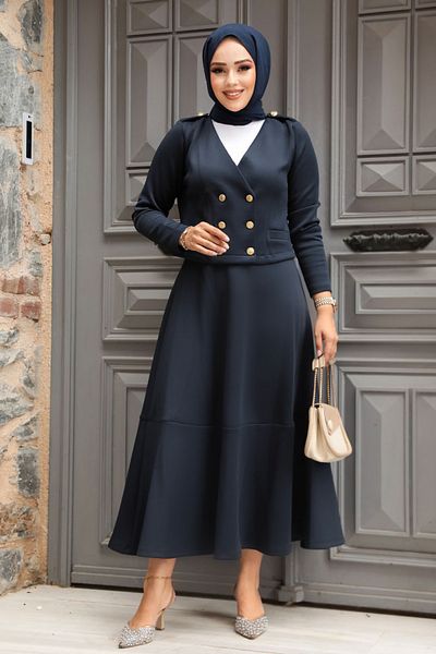 Neva Style Navy Blue Hijab Skirted Jacketed Double Suit - 12371L