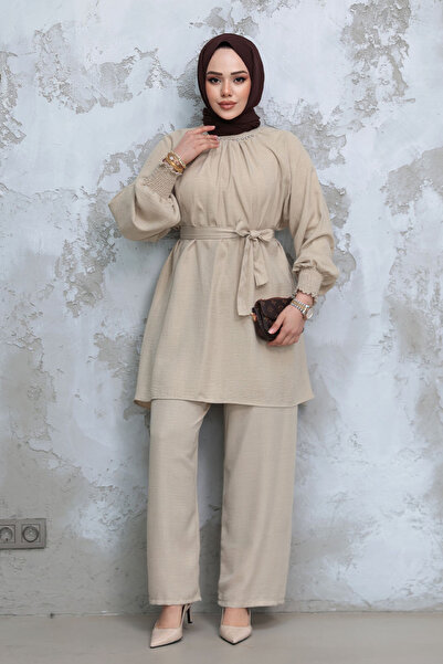 Neva Style Beige Hijab Belt Suit 44691Bej
