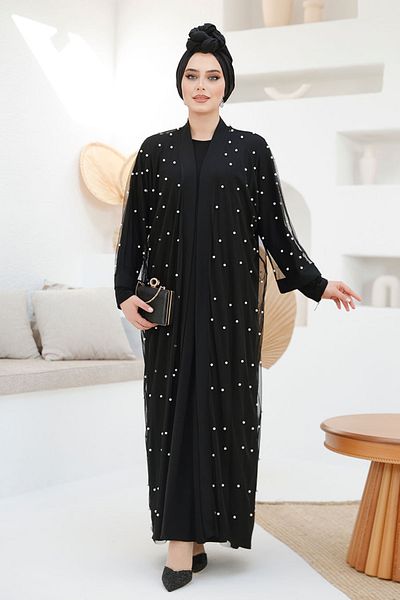 Neva Style Costum Abaya Hijab bleumarin brodat cu perle 42781S