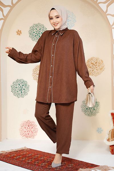 Neva Style Buttoned Brown Hijab Double Suit 28141Kh
