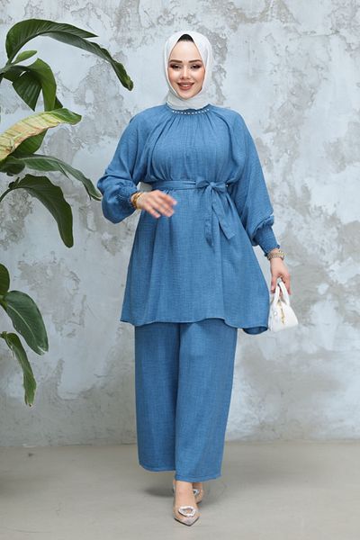 Neva Style Indigo Blue Belted Hijab Διπλό Σετ 44691IM