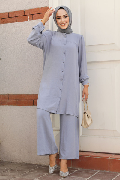 N.S NEVA STYLE Buttoned Gray Hijab Double Set 12172Gr