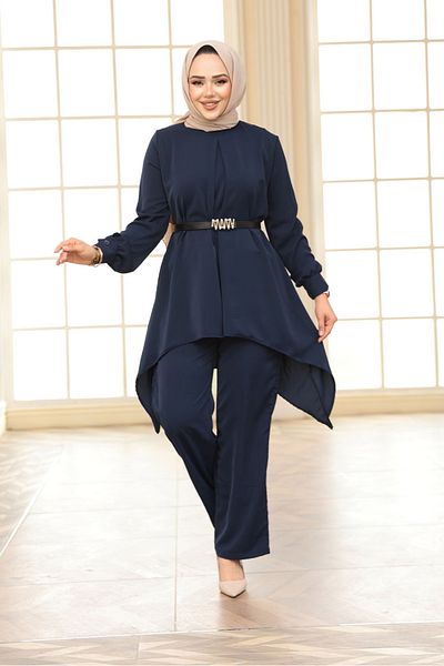 N.S NEVA STYLE طقم حجاب أزرق داكن غير متماثل قطعتين 20253L
