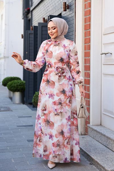 Neva Style Rochie hijab bej cu modele florale 27996