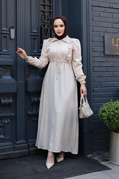 Neva Style Zippered Beige Hijab Dress 17021Bej