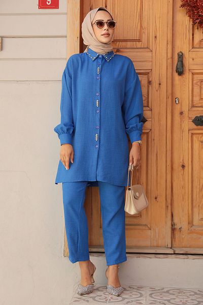 Neva Style Σετ Hijab με κεντημένες χάντρες Indigo Blue - 16701IM