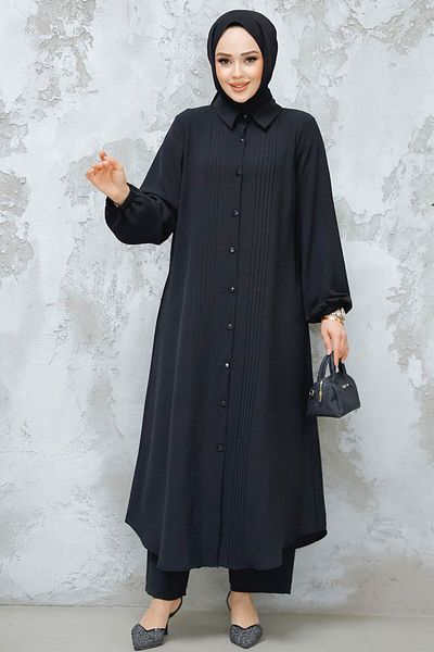 Neva Style Black Hijab Double Set - with Buttons 10891S