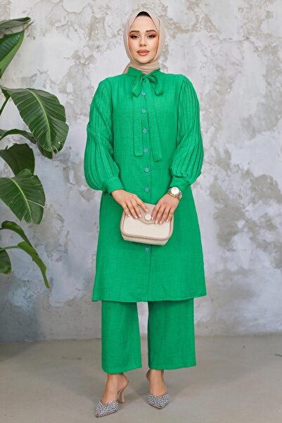 Neva Style Green Hijab Double Suit with Pleated Handles 51991Y