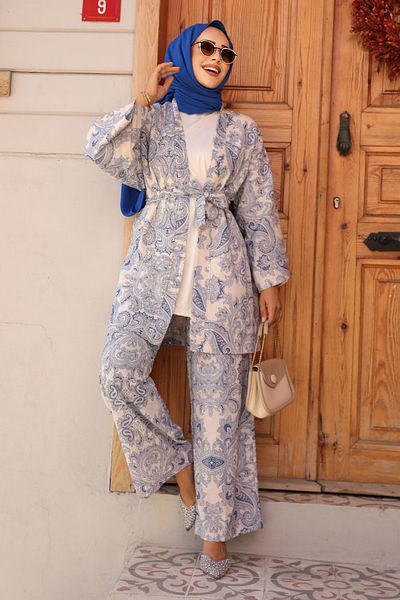 Neva Style Indigo Blue Patterned Hijab Kimono Set - 12122im