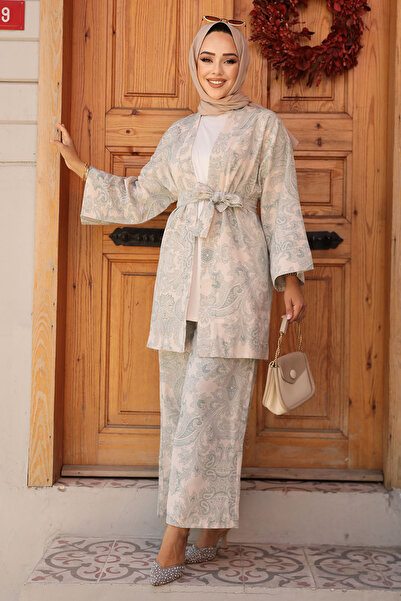 Neva Style Set kimono Hijab cu model verde Çağla - 12122CY