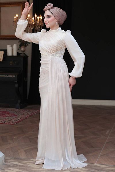N.S NEVA STYLE Βραδινό φόρεμα Hijab με λεπτομέρεια μπεζ 52585BEJ