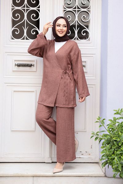 N.S NEVA STYLE Καφέ Hijab Διπλό Σετ με Πλαϊνή Λεπτομέρεια Δεσίματος 50183KH