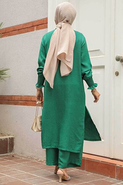 Neva Style Green Hijab Buttoned Double Set - 12591Y