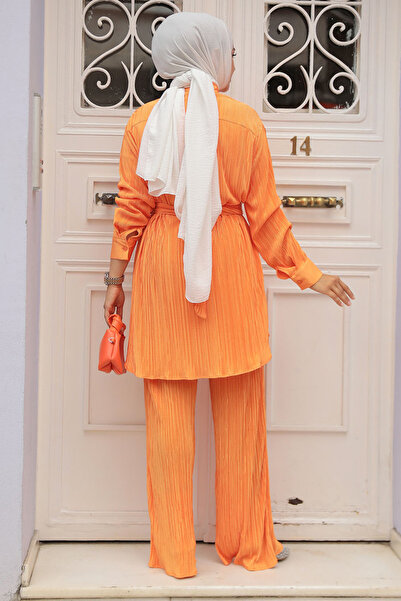 Neva Style Orange Pleated Hijab Double Set -100044T