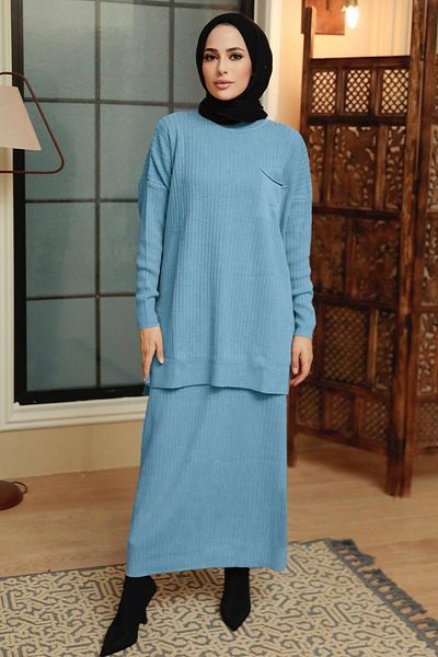 Neva Style Φούστα Indigo Blue Hijab Knitwear Διπλό Σετ 34021ım