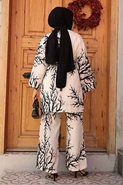 Neva Style طقم كيمونو أسود حجاب مزدوج - منقوش 12121S