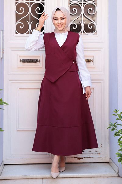 N.S NEVA STYLE Βουργουνδία Χιτζάμπ Φούστα Διπλό Σετ 75471BR
