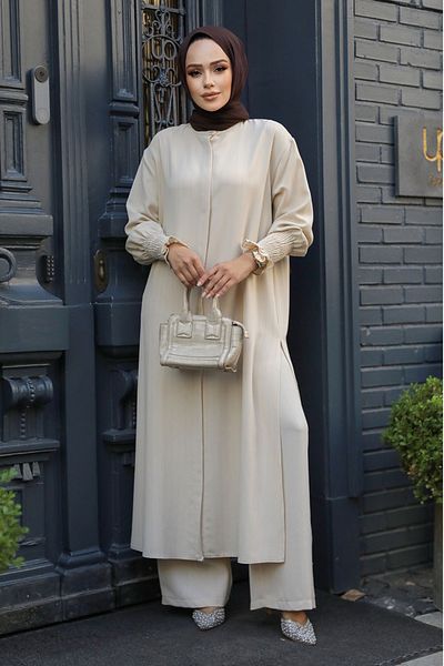 Neva Style Μπεζ ριγέ Χιτζάμπ Διπλό Σετ - 14236μπεζ