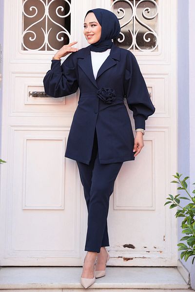 N.S NEVA STYLE Μπουφάν Navy Blue Hijab Διπλό Σετ 61851L