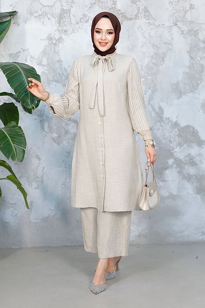 Neva Style Costum dublu Hijab cu mâneci plisate 51991TAS