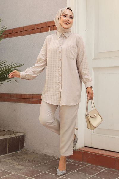 Neva Style Μπεζ Hijab Διπλό Σετ - Gingham Λεπτομέρεια, 12191BEJ