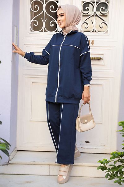 Neva Style Navy Blue Hijab Zippered Double Set - 20105L
