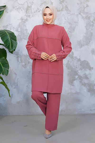 Neva Style Pearl Embroidered Dusty Rose Hijab Double Suit 65883Gk