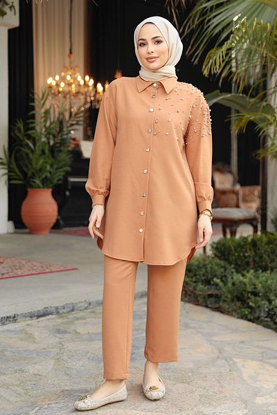 Neva Style Pearl Detailed Biscuit Hijab Double Set 12461BS