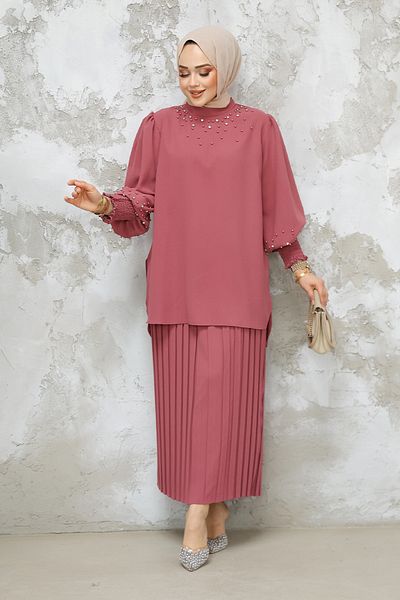 Neva Style Διπλό Σετ με Πέρλες Κεντημένο Dusty Rose Hijab Φούστα 10991GK