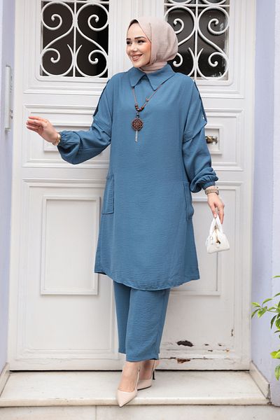 N.S NEVA STYLE Κολιέ Indigo Blue Hijab Διπλό Σετ 52631IM