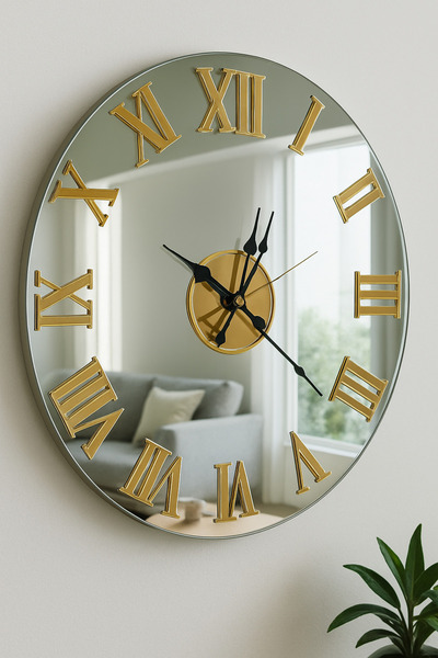 Mgs DUVAR SAATİ 48 cm aynalı duvar saati gold roma rakamlı saat
