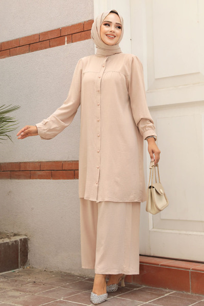N.S NEVA STYLE Buttoned Beige Hijab Double Set 12172Bej